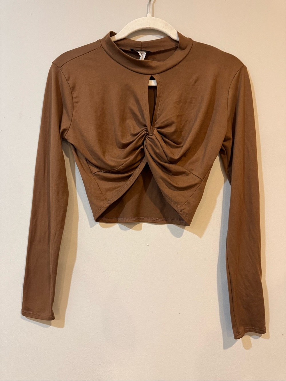Brown Long-Sleeve Twist Front Crop Top